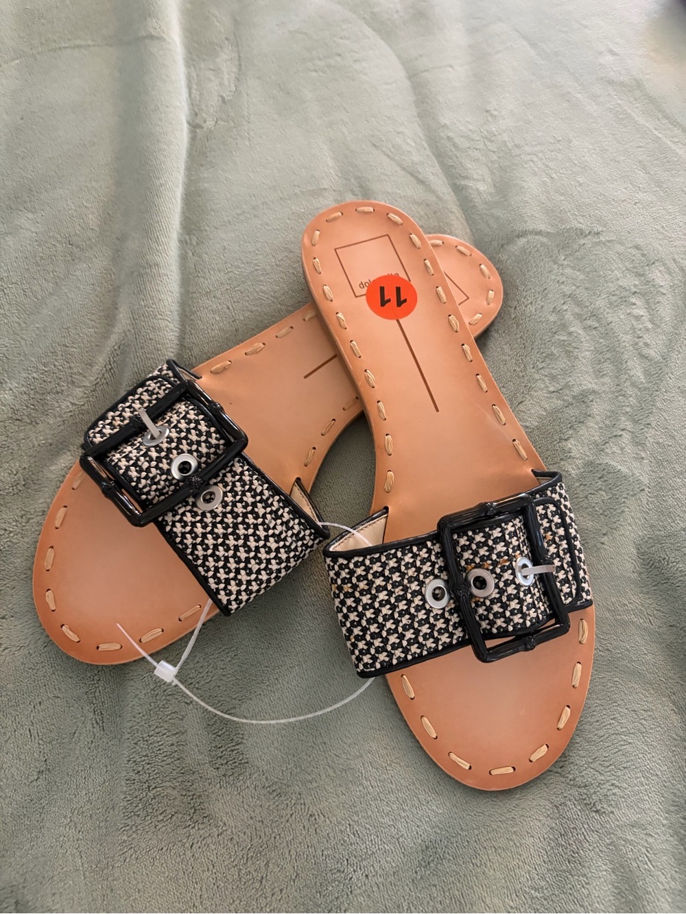 Dolce Vita Black and White Woven Buckle Slide Sandals with Tan Footbed